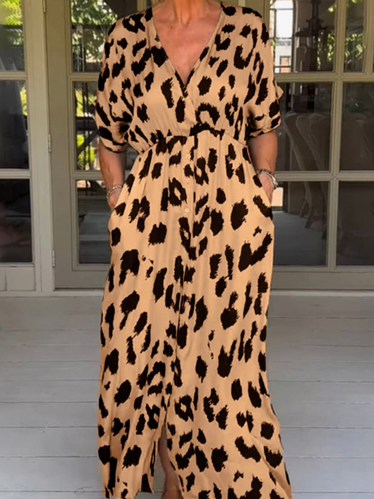 Long  V-neckline ,Plus-size high-waist Leopard Dress with button front and  pockets for added convenience.