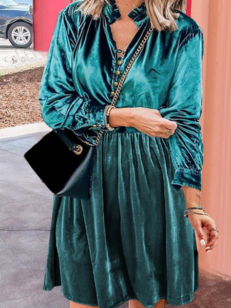 Teal colour, Boho -inspired velvet fabric dress with a Frilled collar and Classic button front.