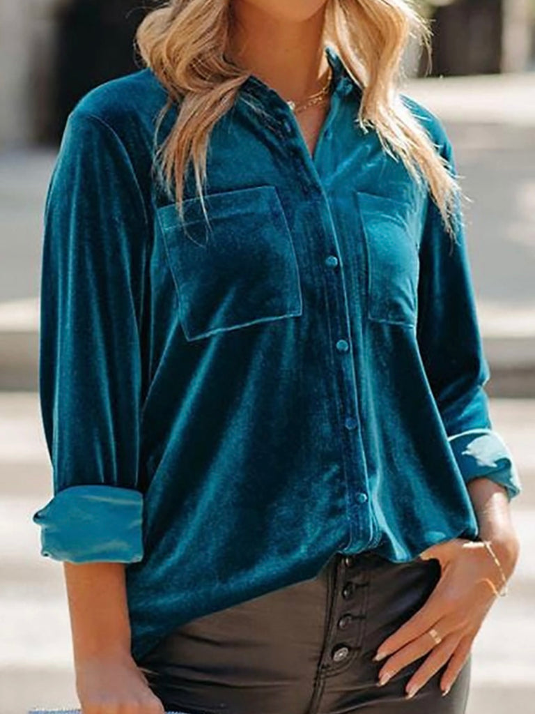  Blue  Button Down Velvet Double Pocket Boho top.