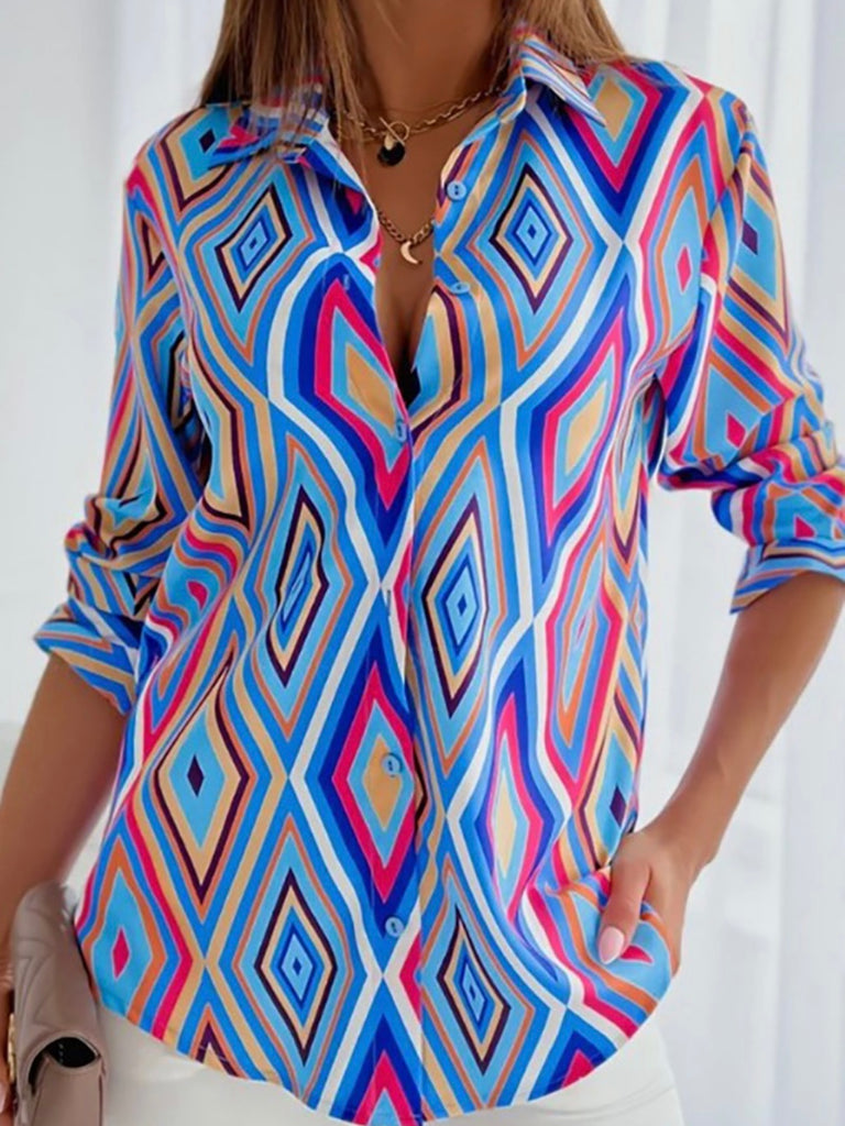 Diamond Abstract Blouse features long sleeves and a multi colour diamond print and a button front.