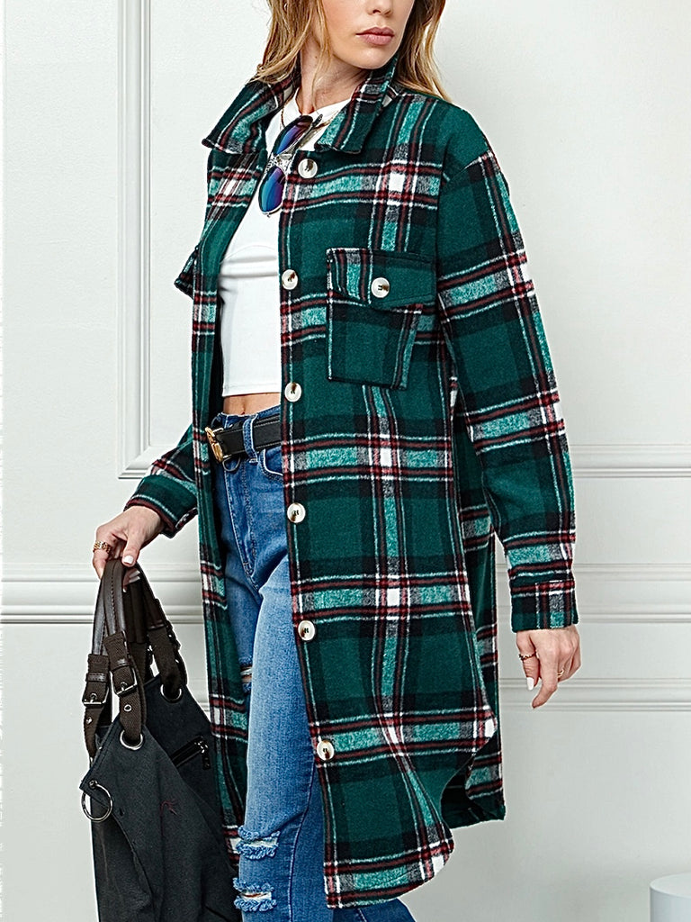  Green Hue , Fleecey Plaid Shacket boasts a longer length, button front, and chest pockets .