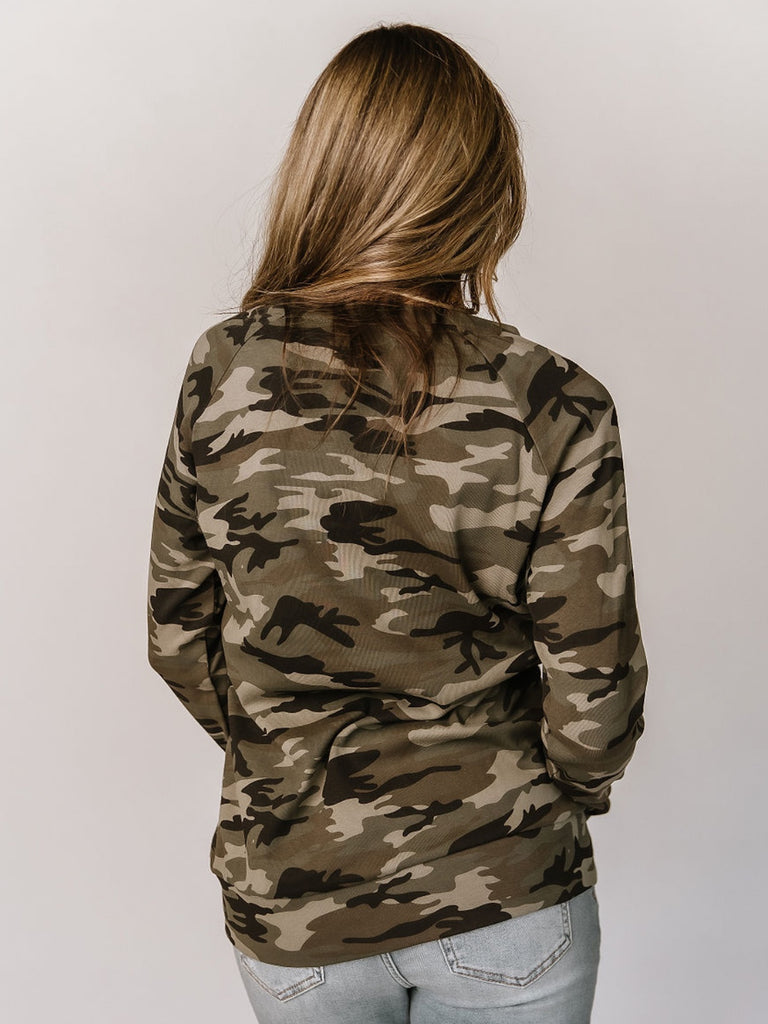 Camo side zipper at the neckline sweatshirt, with thumb holes.