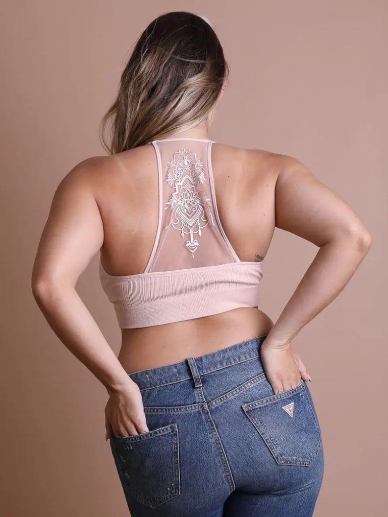 Pink Colour Tattoo Mesh Racerback Bralette is made from 92% Cotton 8% Spandex.