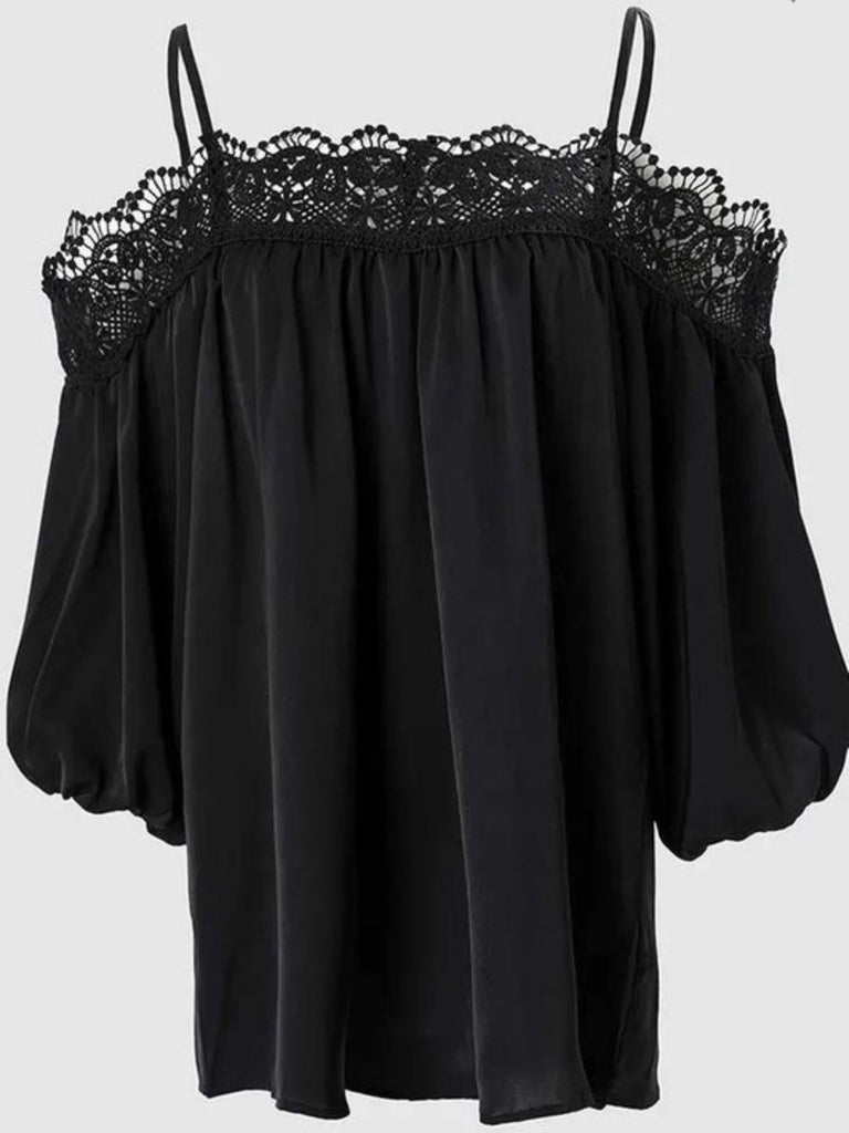  Embry Black Top with its Boho -Lace Style off the shoulder look and Spaghetti Strap detail.