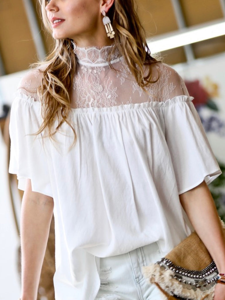 White  Boho Lace shoulder detail Blouse with key hole back and shirring line with a loose fit made from 100% cotton blend.