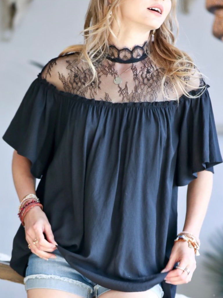  Boho Black Lace shoulder detail Blouse with key hole back and shirring line with a loose fit makes this 100% cotton blouse a must .