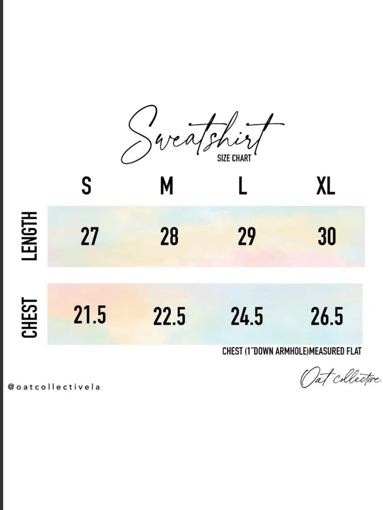 Size Chart for Small Town Girl Sweatshirt.