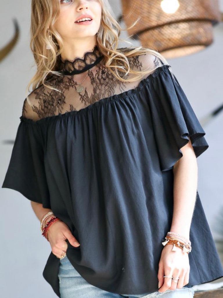 Black  Boho Lace shoulder detail Blouse with key hole back and shirring line with a loose fit , made from 100% cotton.