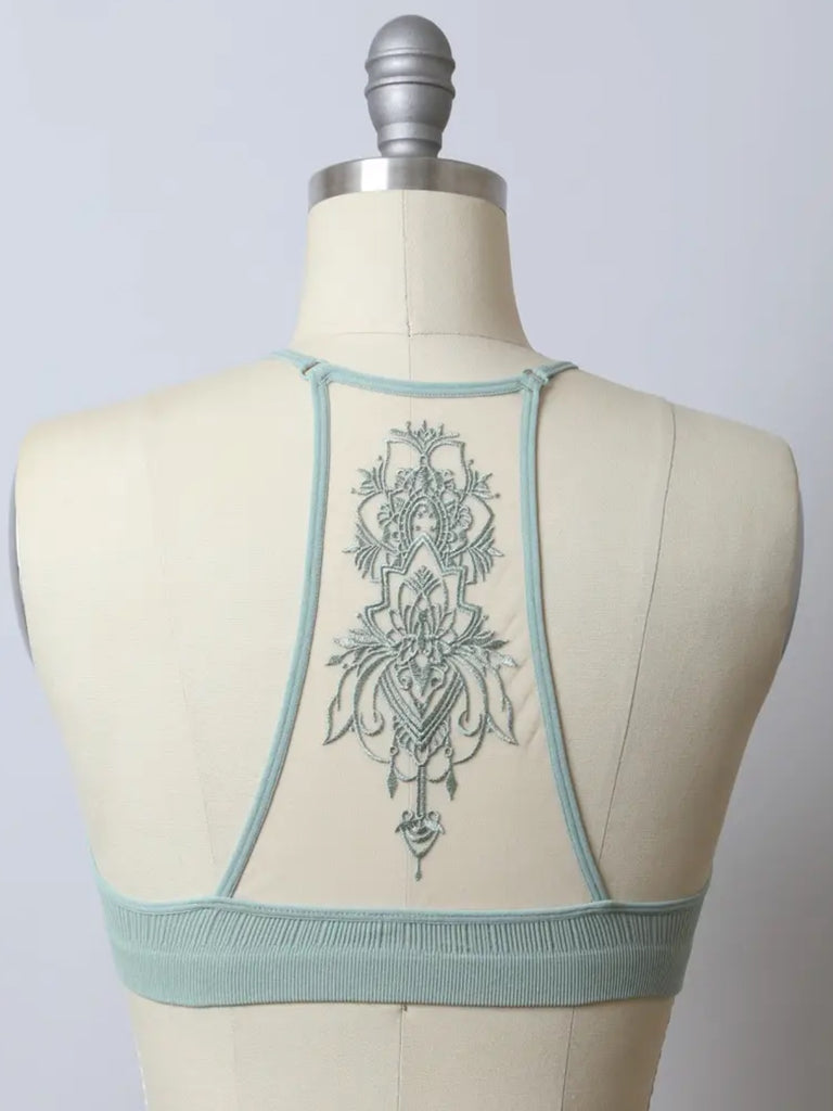 Mint  Colour Tattoo Mesh Racerback Bralette is made from 92% Cotton 8% Spandex.