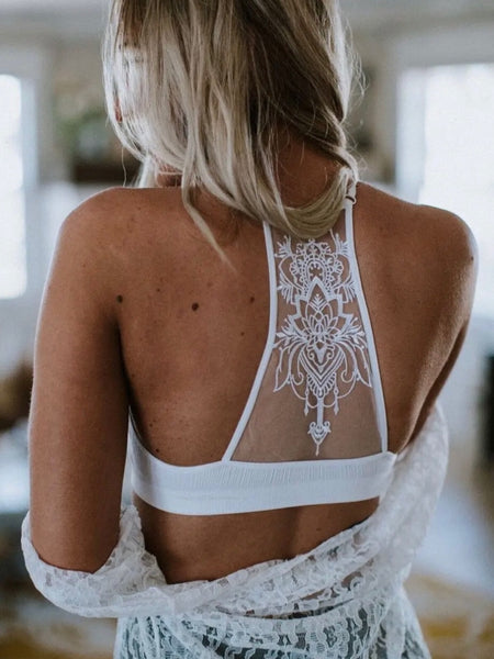 White Tattoo Mesh Racerback Bralette is made from 92% Cotton 8% Spandex.