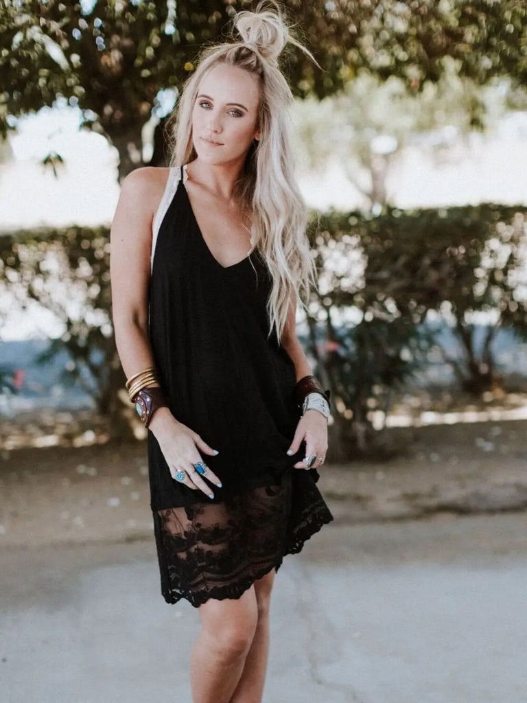 Black T-Back Midi Lace Slip with bottom lace trim.