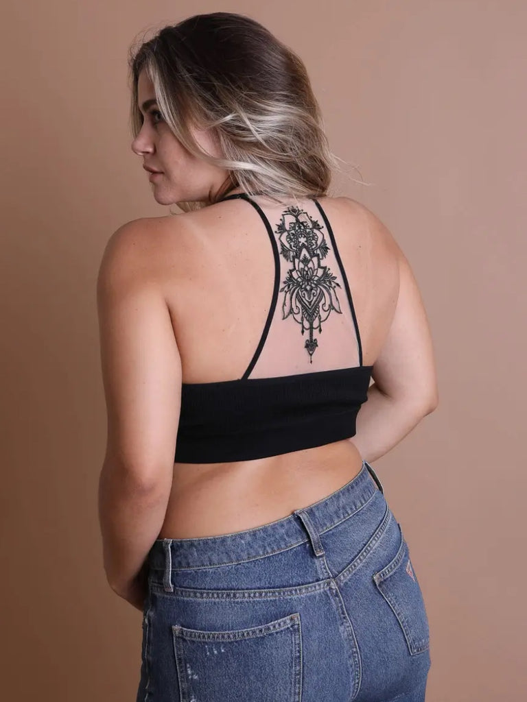 Black Tattoo Mesh Racerback Bralette is made from 92% Cotton 8% Spandex.