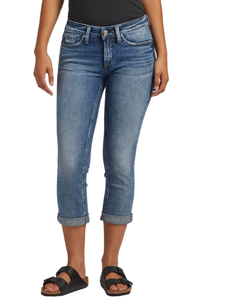 Bold dark indigo wash Capri Jeans with a low-rise, contoured waistband, and back pockets,