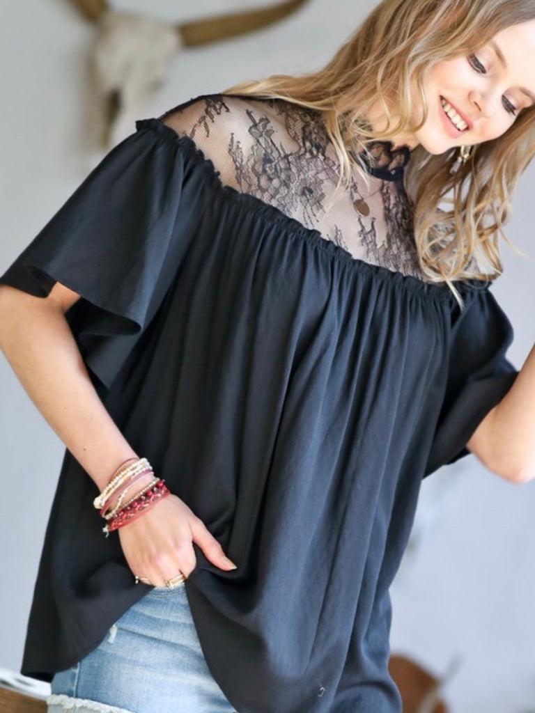 Black Boho Lace shoulder detail  Blouse with key hole back and shirring line with a loose fit made from 100% cotton blend.