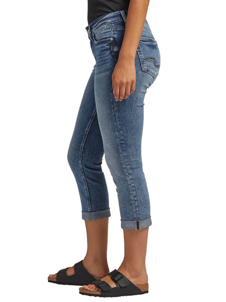 Bold dark indigo wash Capri Jeans with a low-rise, contoured waistband, and back pockets,