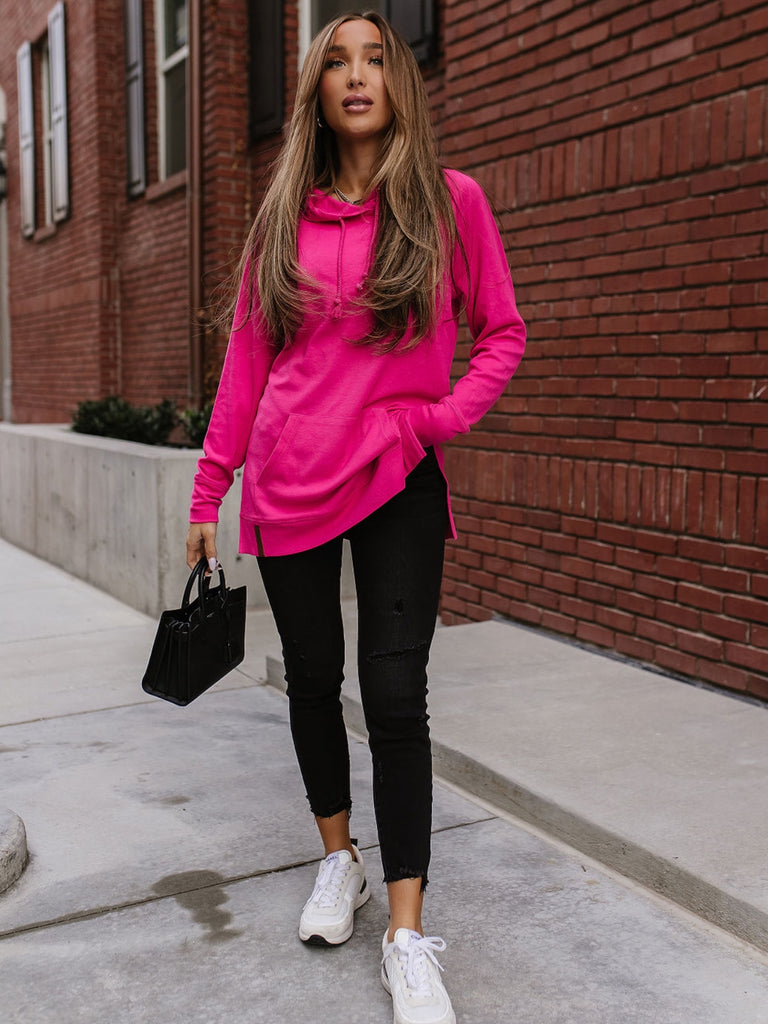 Pink Side Slit Hoodie with Front Pockets.