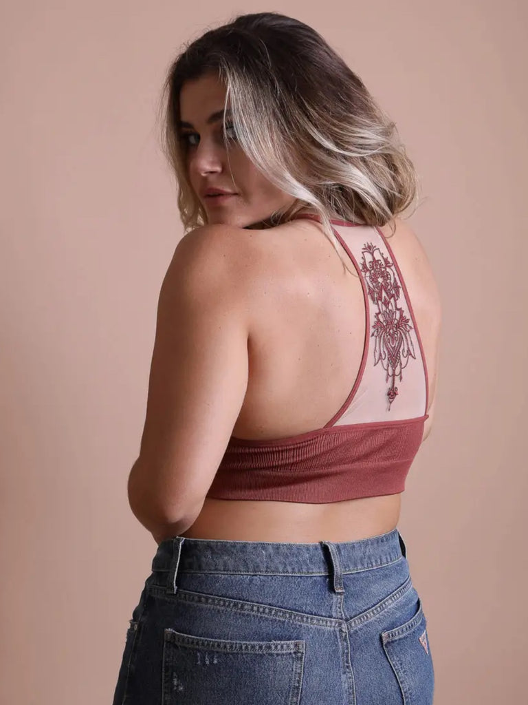 Rust colour Tattoo Mesh Racerback Bralette is made from 92% Cotton 8% Spandex.