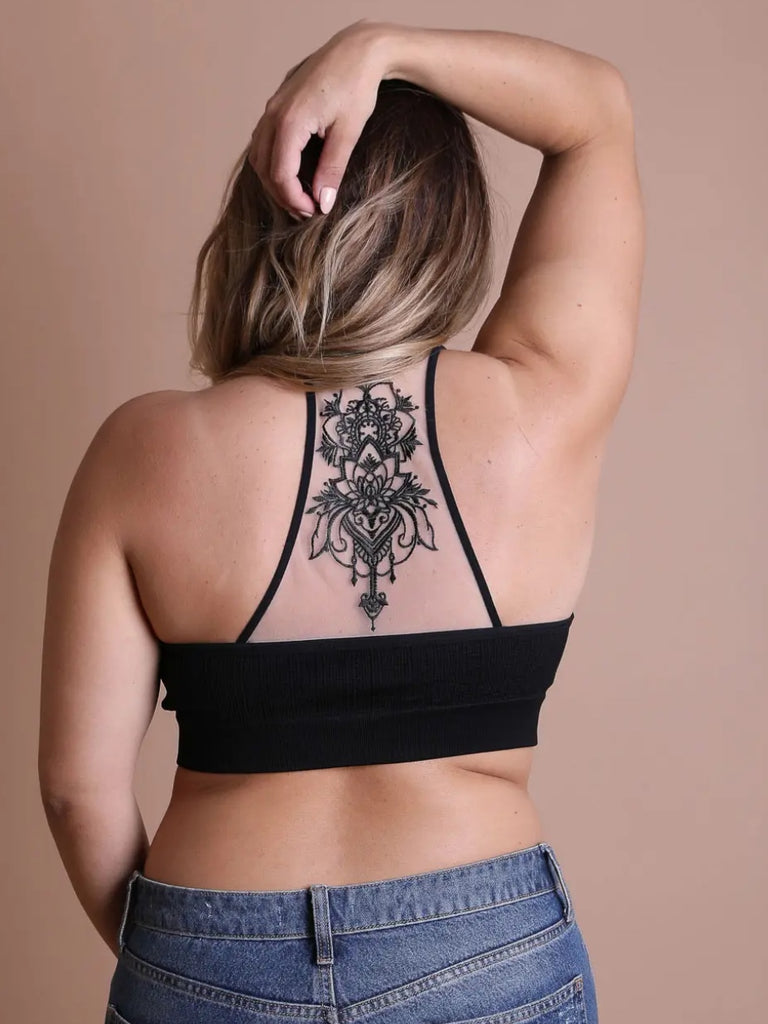 Black Tattoo Mesh Racerback Bralette is made from 92% Cotton 8% Spandex.