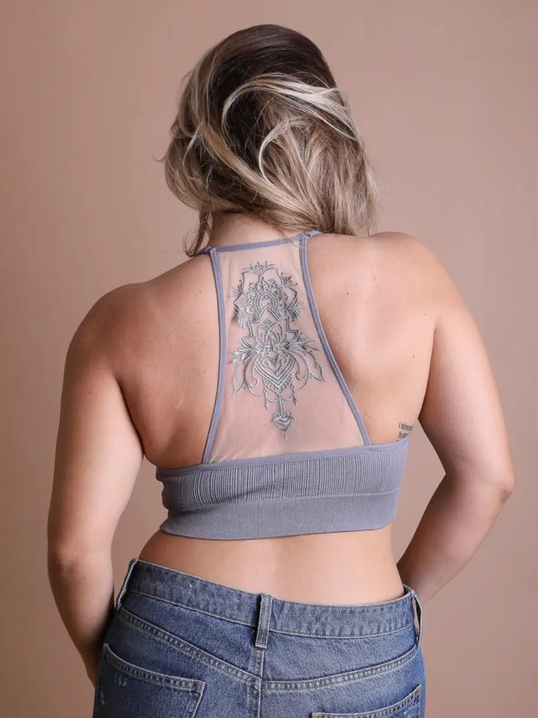 Grey Colour Tattoo Mesh Racerback Bralette is made from 92% Cotton 8% Spandex.