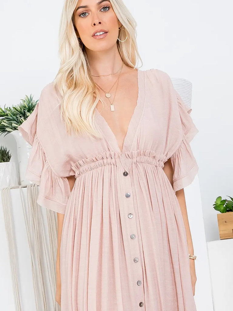 Blush Maxi- Dress with  Feminine  Flirty Ruffled Sleeves and Empire Waist.