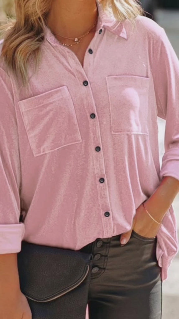   Pink & Blue Button Down Velvet Double Pocket Boho top.