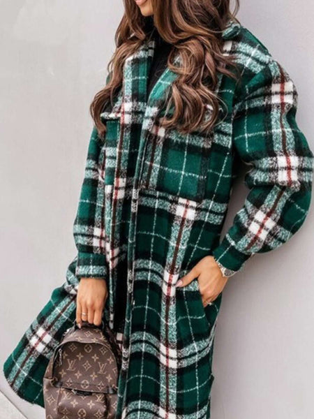  Green Hue , Fleecey Plaid Shacket boasts a longer length, button front, and chest pockets .