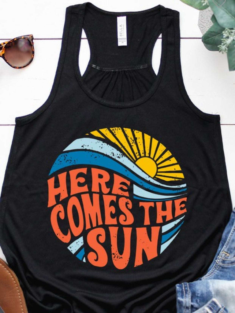  Black Here Comes the Sun Circle Graphic Flowy Tank .