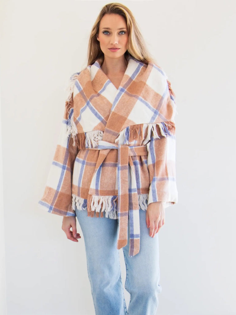  Plaid Tie Waist Wrap Jacket and tassel with a  thick tie waist, or bow behind your back.