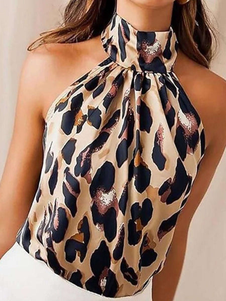 Leopard Halter Top features ties at the neck and a relaxed fit.