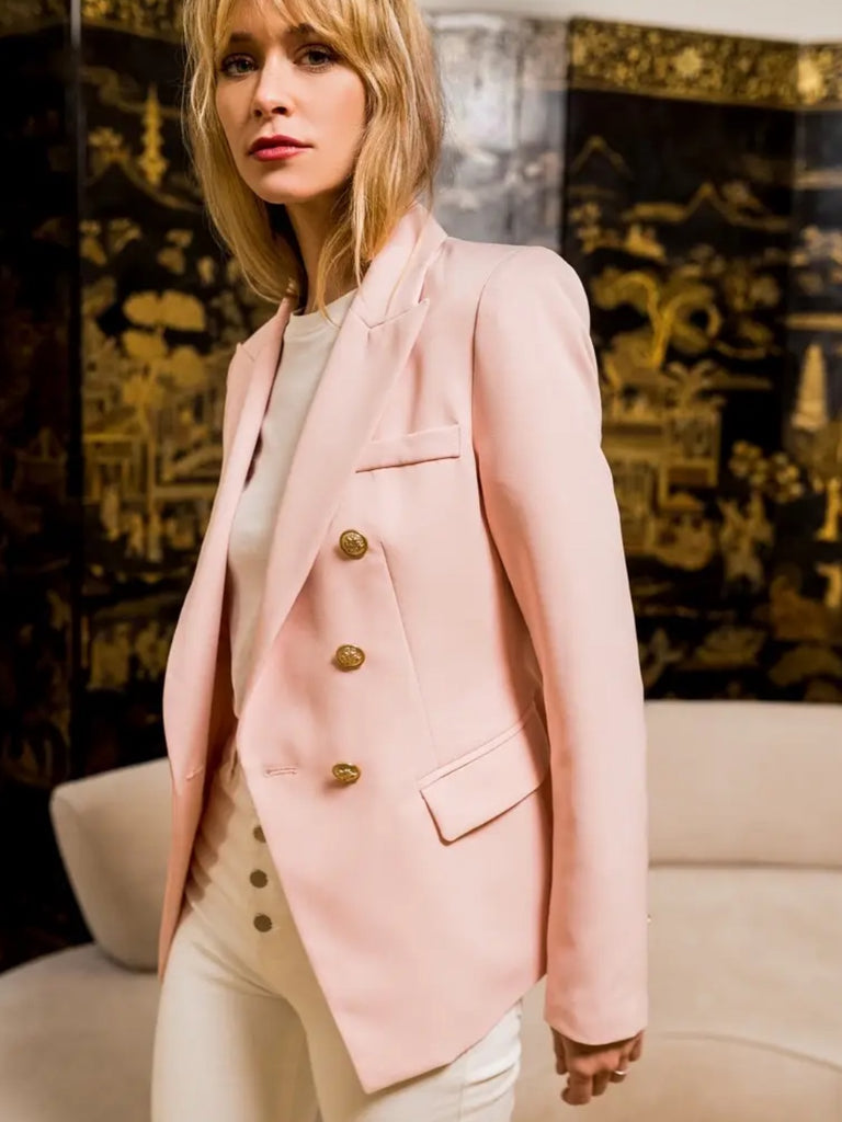  Light Pink Double breasted, fitted Blazer with gold tone buttons, lapel collar, and long sleeves.