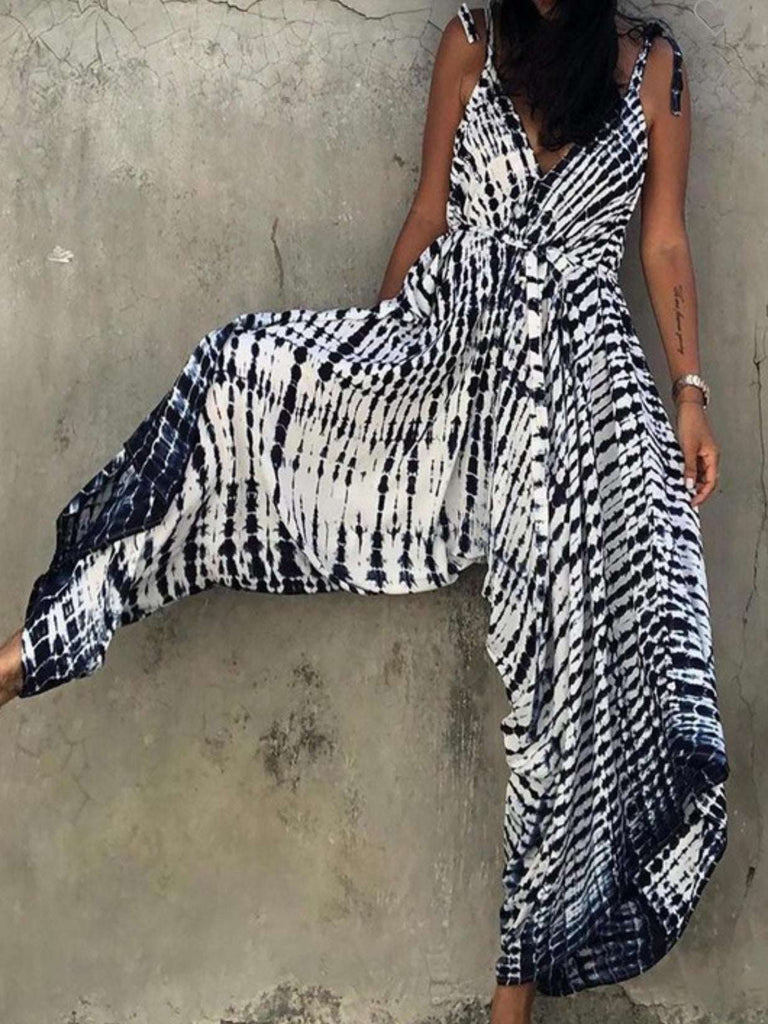 Tie Dye Navy and White Print Wide Leg Jumpsuit in 100% polyester.