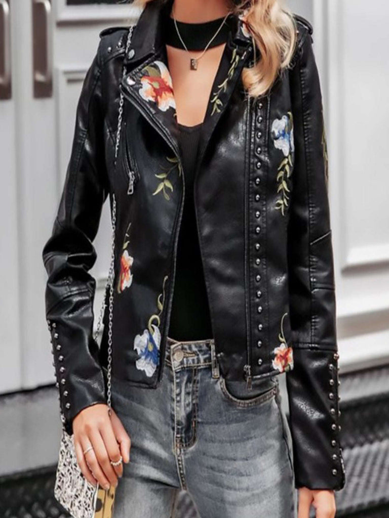 Moto-Style Fit Jacket in Black and floral embroidery and silver rivets.