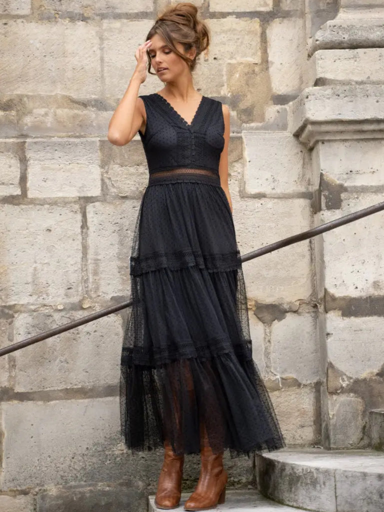 Black Dotted 100% Polyester Tulle Maxi - Dress with V-neck at the front and back and Zipped Closure at the back.