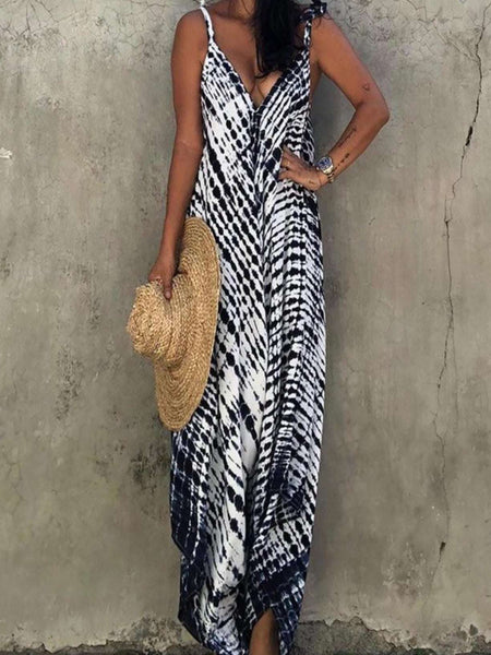  Thin Straps Tie Dye Navy and White Print  Wide Leg Jumpsuit in 100% polyester.