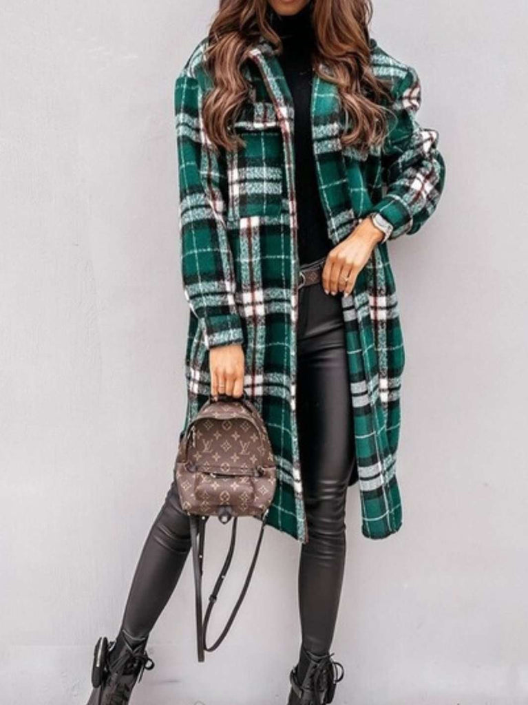  Green Hue , Fleecey Plaid Shacket boasts a longer length, button front, and chest pockets .