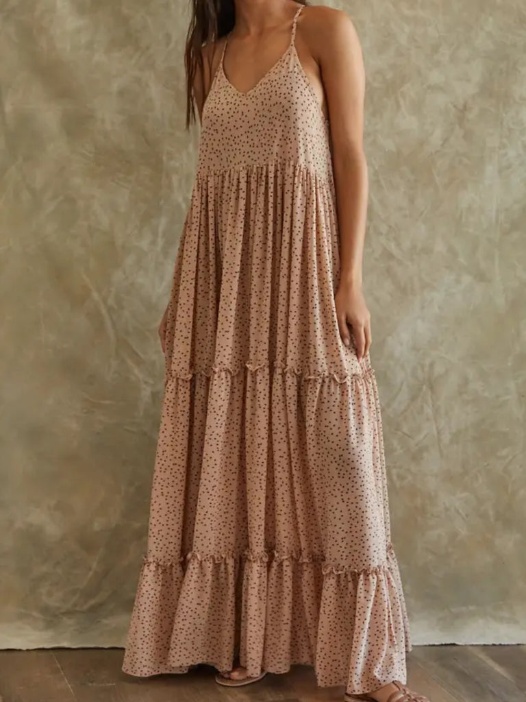 Light Taupe , V -Neck , Lined Ruffle Maxi - Dress with woven chiffon and a dot print throughout and has a Cross Back.