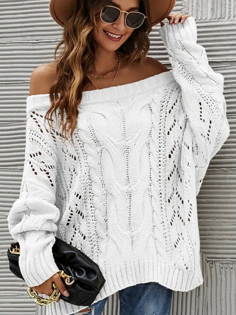  Off The Shoulder Sweater in White with its whimsical  Long Balloon Sleeves allow you to move freely.