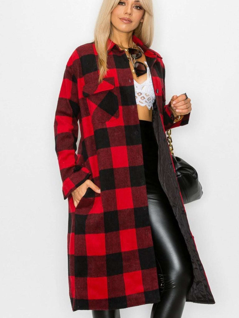 Buffalo Plaid Shacket Featuring black and red checkered plaid in a longer length style. 