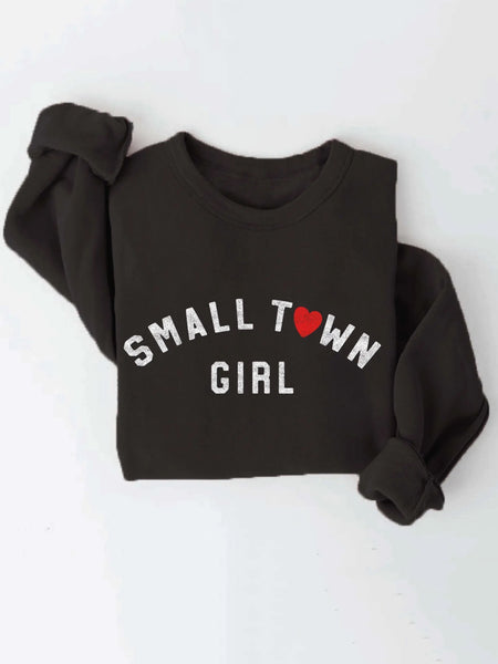 Comfortable relaxed fit , Small Town Girl Black Sweatshirt with white font and red heart with Ribbed cuffs and waistband.