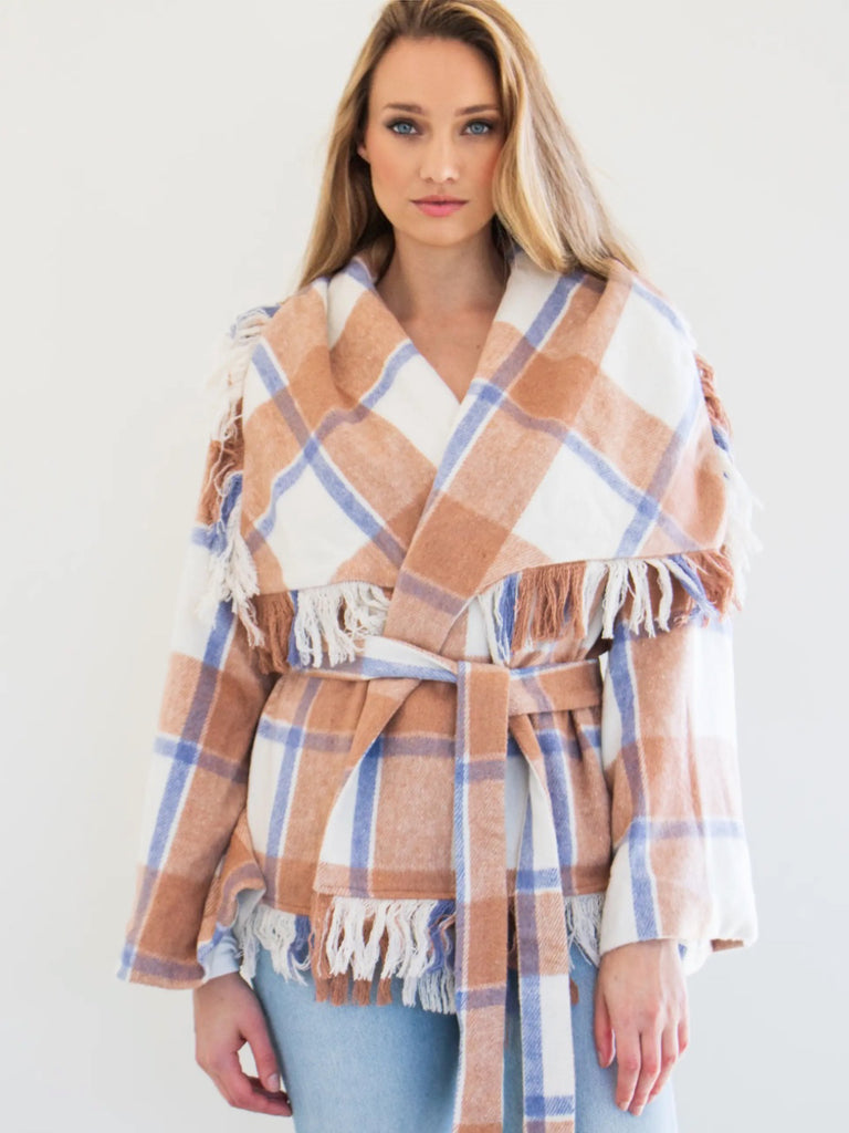 Plaid Tie Waist Wrap Jacket and tassel with a thick tie waist, or bow behind your back.