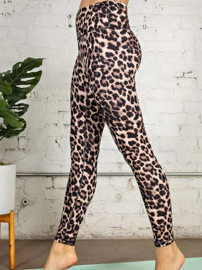 High Wide Waisted Brown Leopard Leggings, with tons of stretc