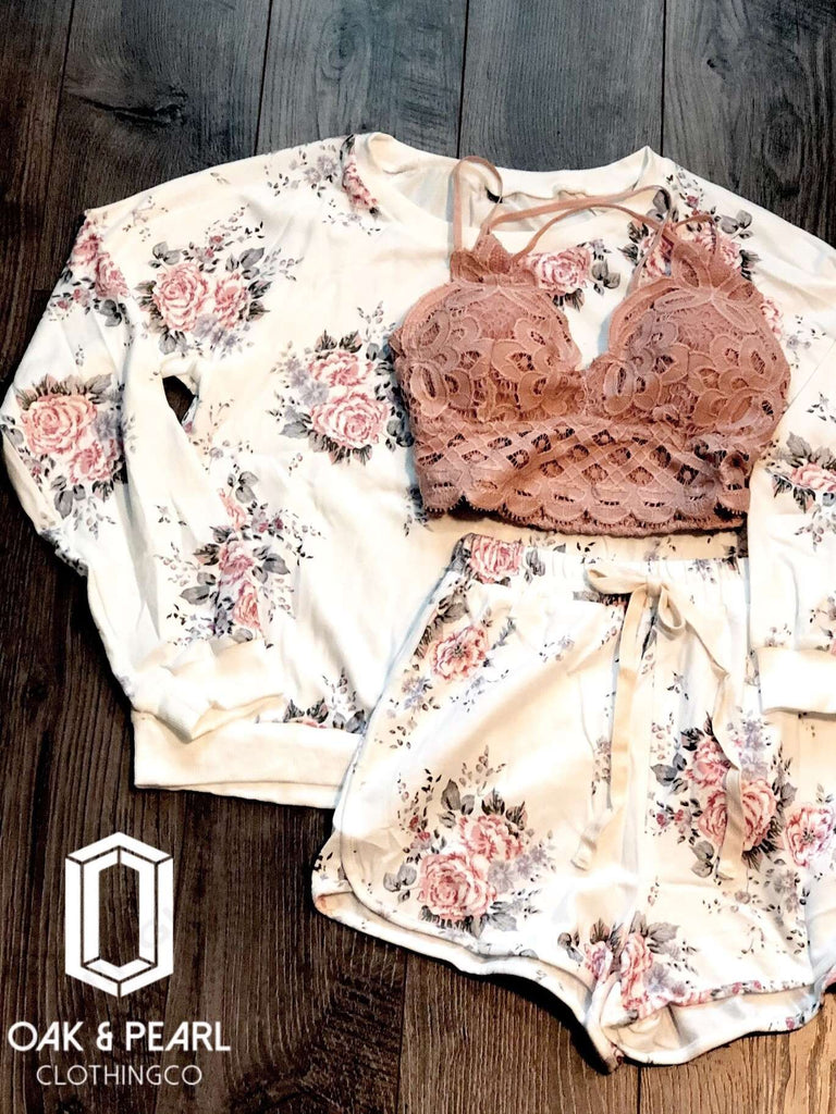 Modern Floral Two Piece Shorts Set flat lay