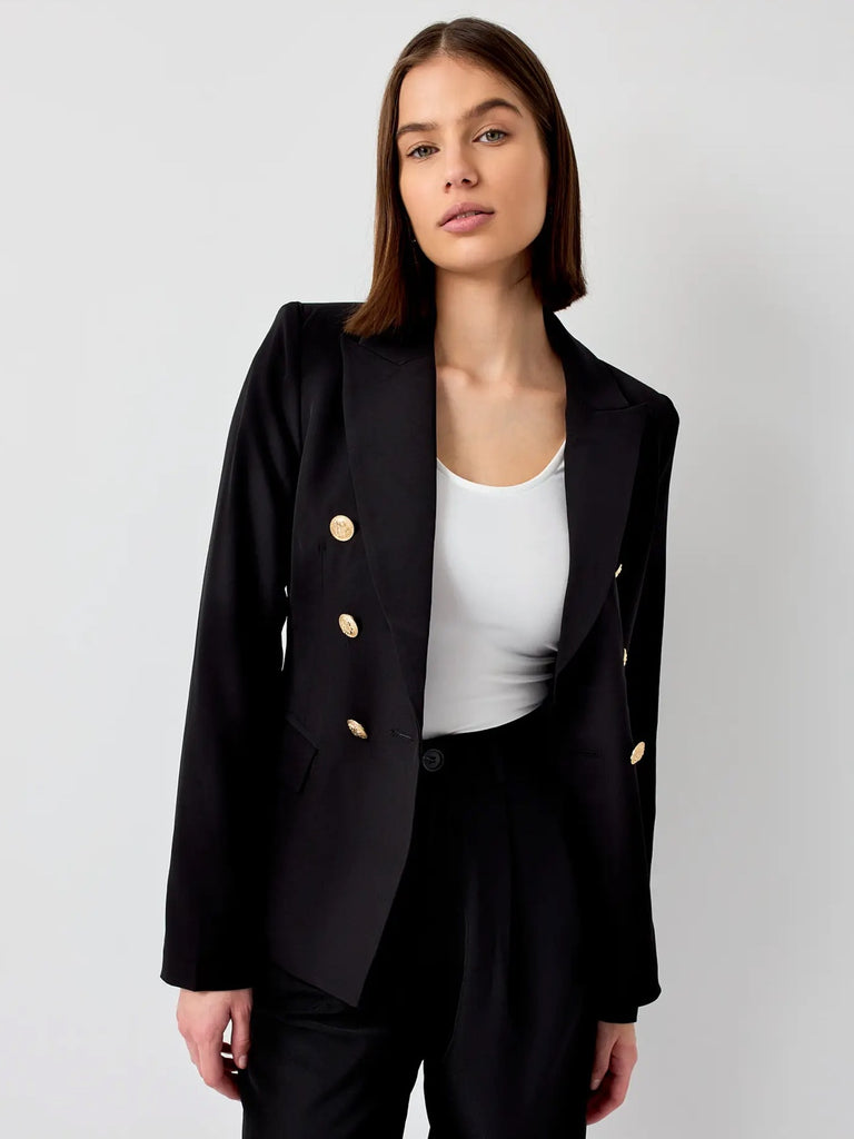 Black Double breasted, fitted Blazer with gold tone buttons, lapel collar, and long sleeves.