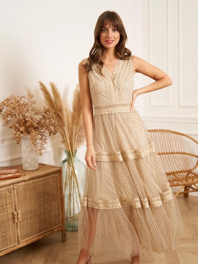 Beige Dotted 100% Polyester Tulle Maxi - Dress with V-neck at the front and back and Zipped Closure at the back.