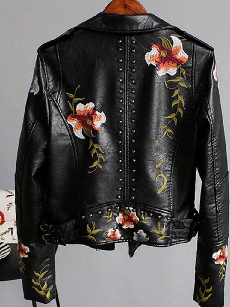 Back view of Chevelle Jacket in Black with floral embroidery and Silver Studs.