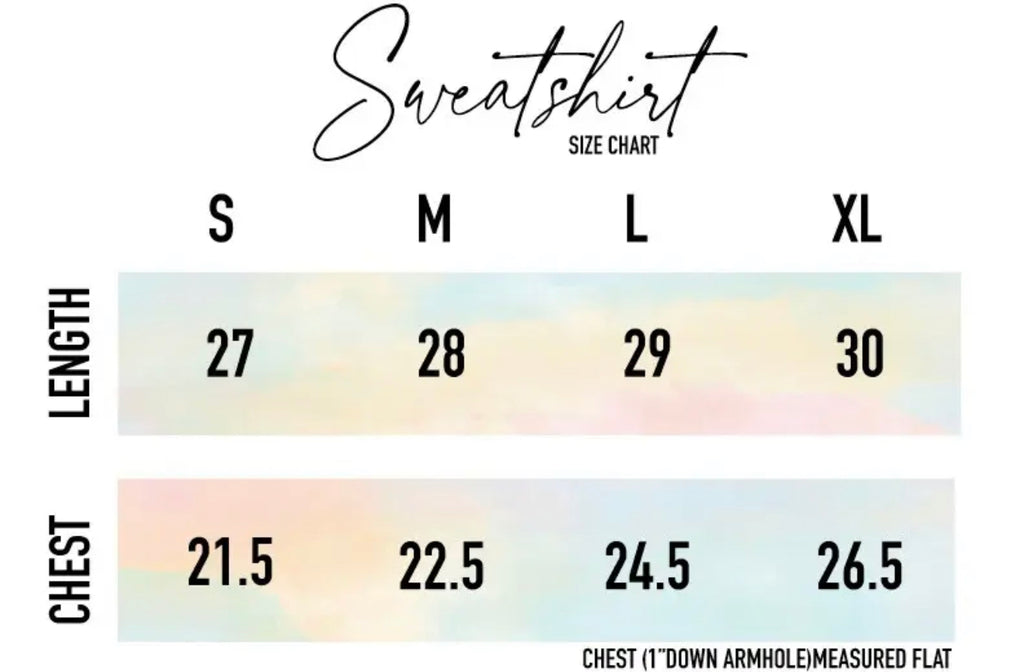 Size Chart for Beach Life Sweatshirt.