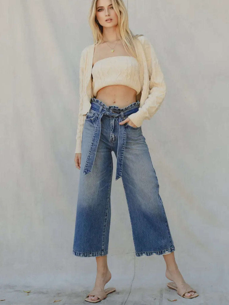 High Rise wide-leg paper bag waist belted jeans have a relaxed thigh and 5 pocket single-button zip -fly closure design.