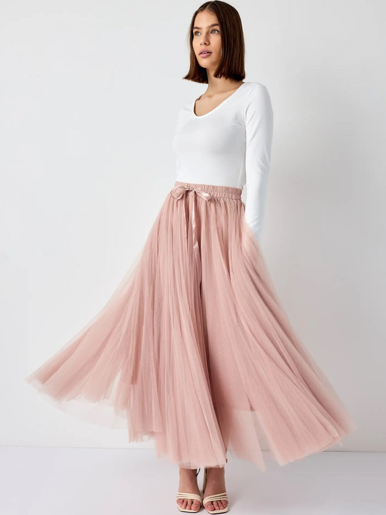 Maxi-length , Pink Tulle ,Tutu Skirt with flattering Flare and Ruffle Details with tie at the front.