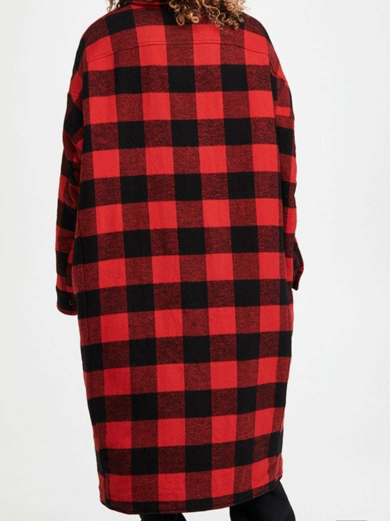 Buffalo Plaid Shacket Featuring black and red checkered plaid in a longer length style.