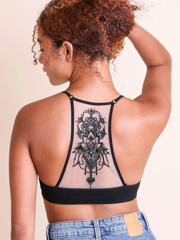 Black Tattoo Mesh Racerback Bralette is made from 92% Cotton 8% Spandex.